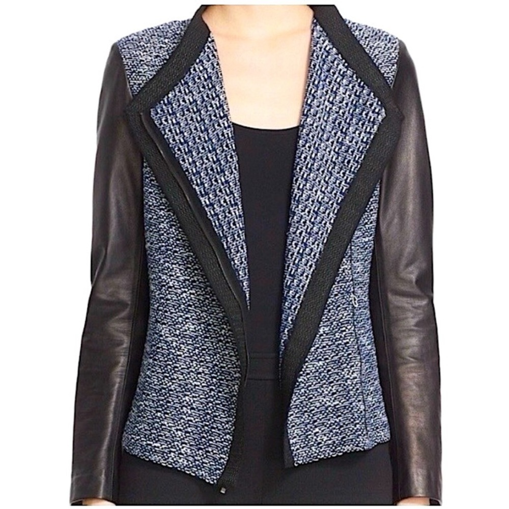 St. John for Nordstrom Modero Leather Trim Knit Moto Jacket